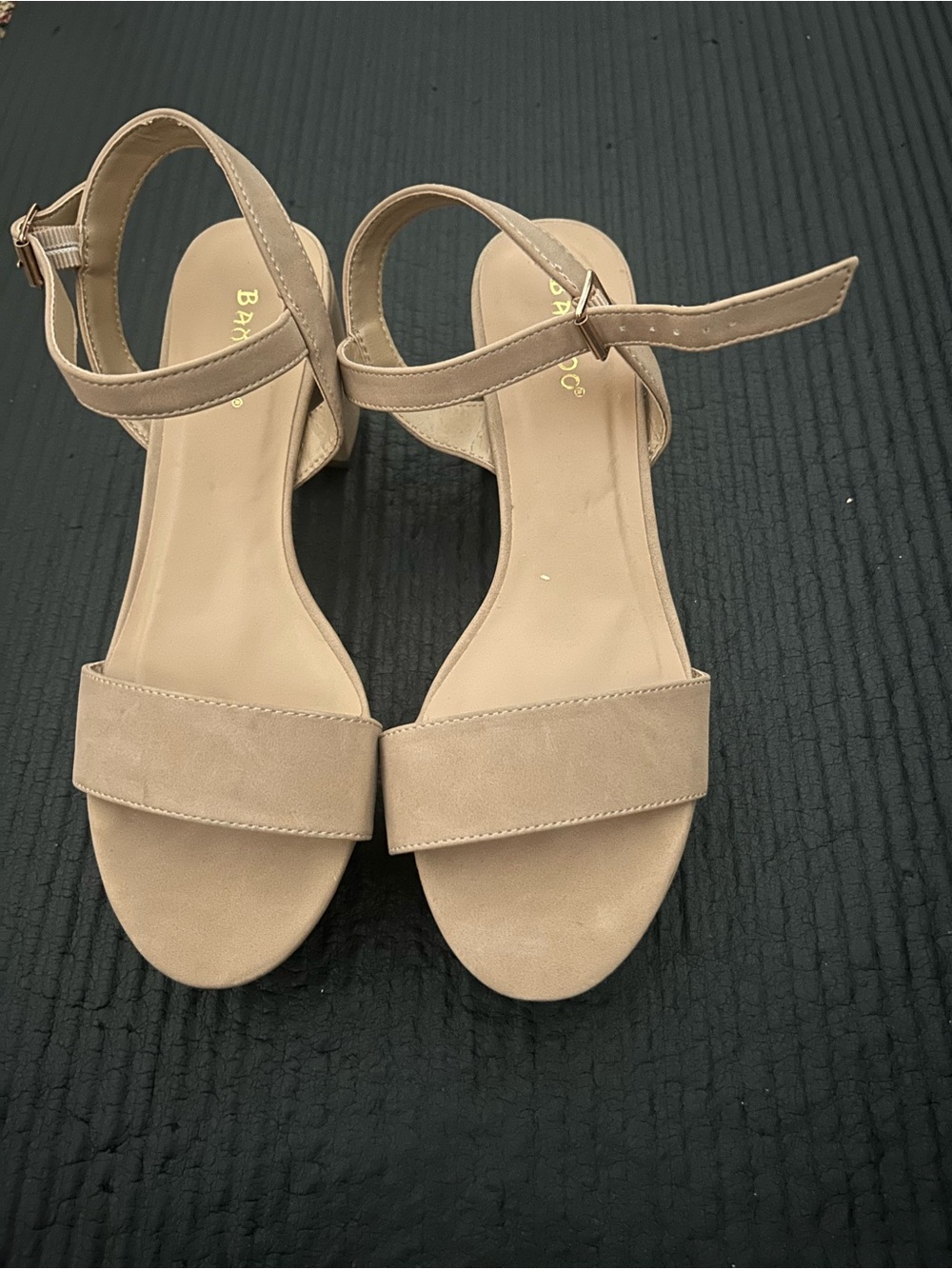 BAMBOO Nude Beige Ankle-Strap Block Heel Sandals